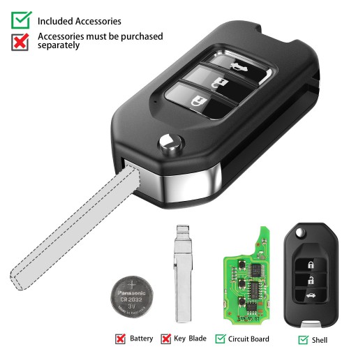 Xhorse XNHO00EN Wireless Universal Remote Key Fob 3 Buttons for Honda Works with VVDI Mini Key Tool/Key Tool Max 5pcs