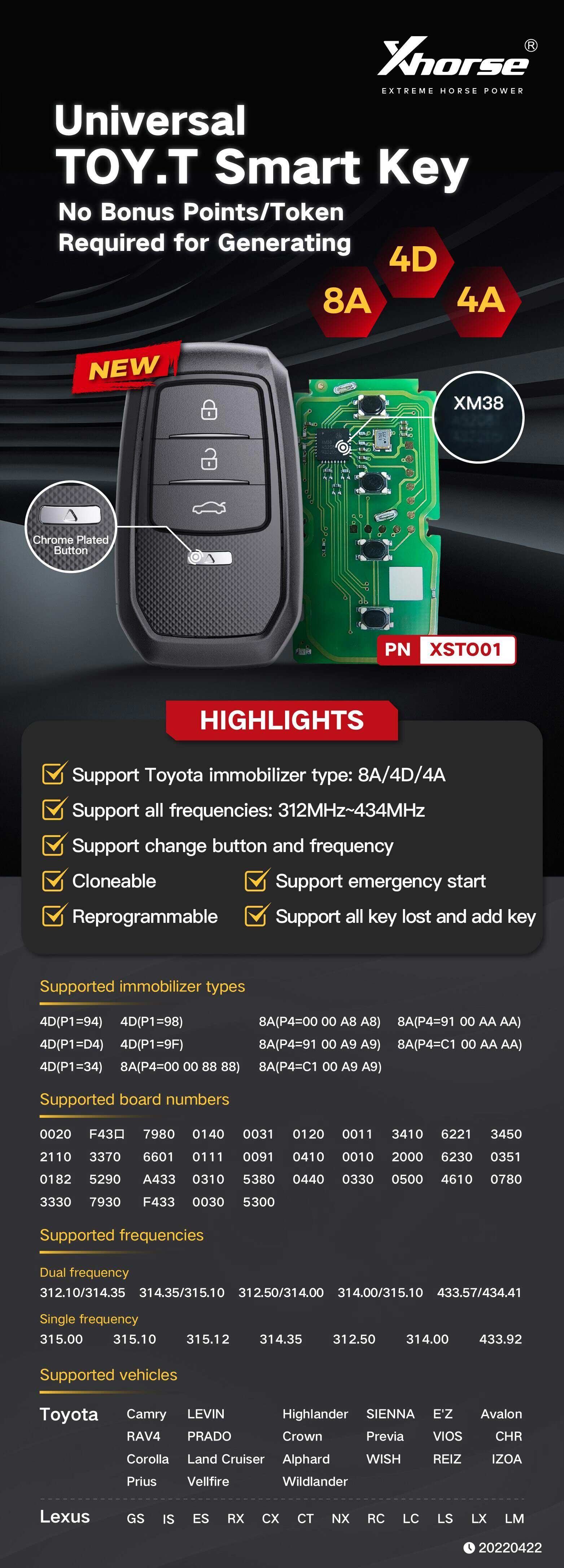 Xhorse XSTO01EN Toyota XM38 Smart Key with Key Shell 